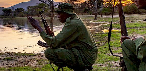 Wildlife rangers in Selous Game Reserve on rhino monitoring patrol © Greg Armfield / WWF